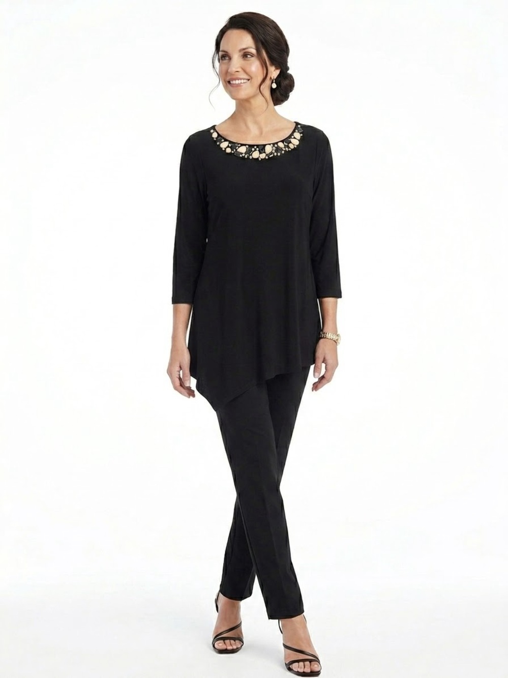 Susan Graver Artisan - Asymmetrical Black Embellished Neckline Top - Medium